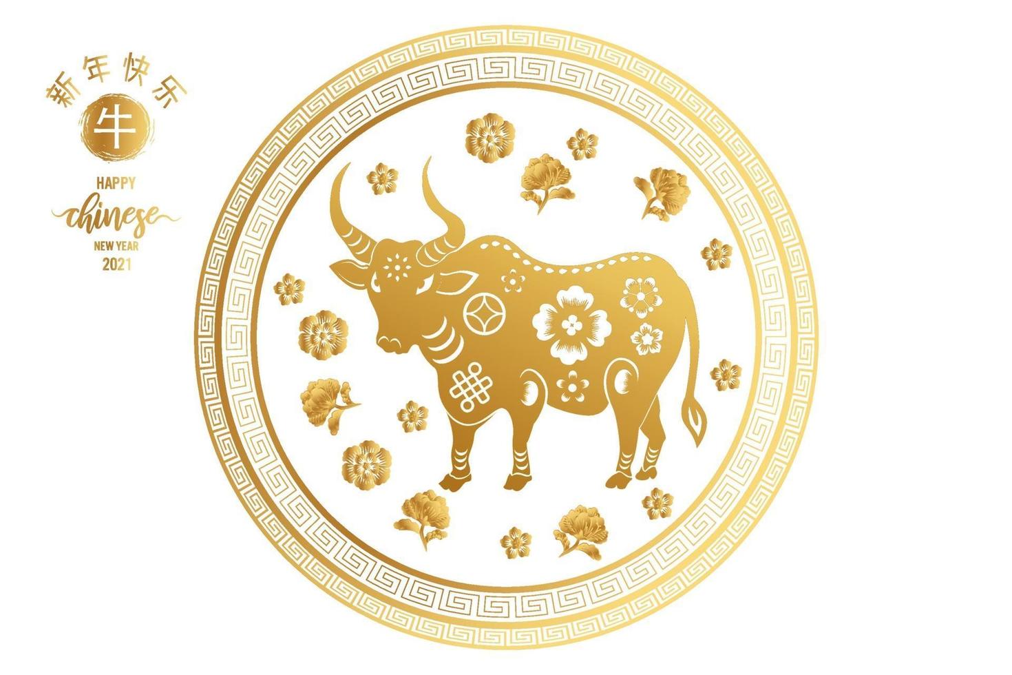 Plantilla tradicional china de feliz año nuevo chino con patrón de buey dorado aislado sobre fondo blanco como año del buey, concepto de suerte e infinito. vector