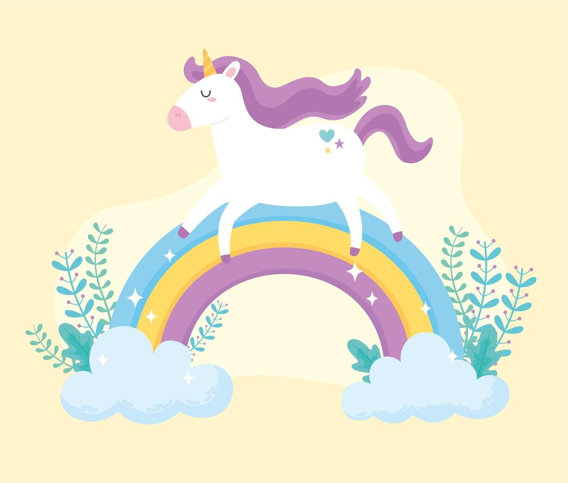 unicornio mágico de dibujos animados lindo con arco iris vector