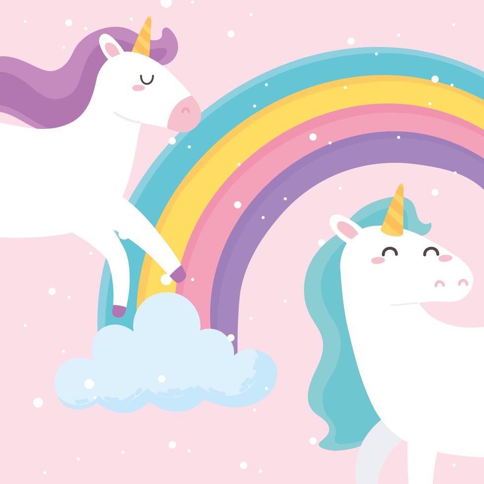 Cute cartoon magical unicorns with rainbow vector