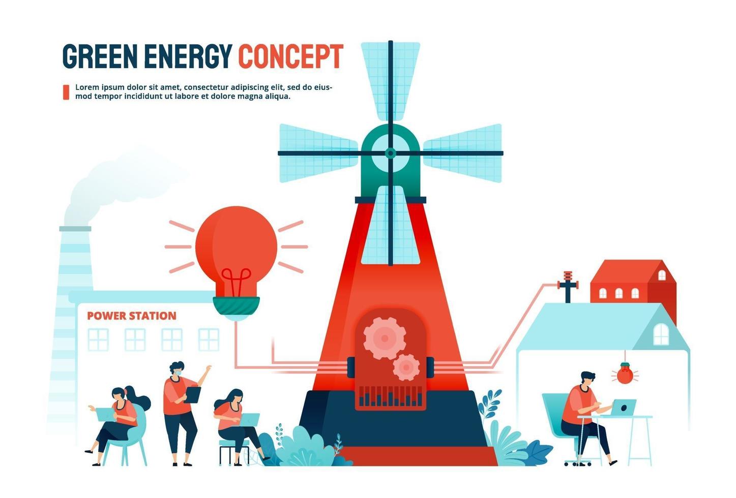Green energy concept with alternative resources for household and industrial needs. Designed for landing page, banner, website, web, poster, mobile apps, homepage, social media, flyer, brochure, ui ux vector