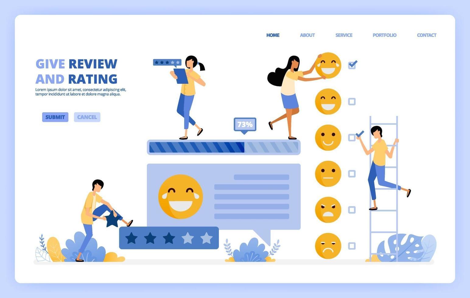 las personas dan encuestas de retroalimentación, calificaciones y reseñas en la columna de comentarios marcando los emoticonos de satisfacción. se puede utilizar para la plantilla de página de destino ui ux web aplicación móvil cartel banner sitio web flyer anuncios vector