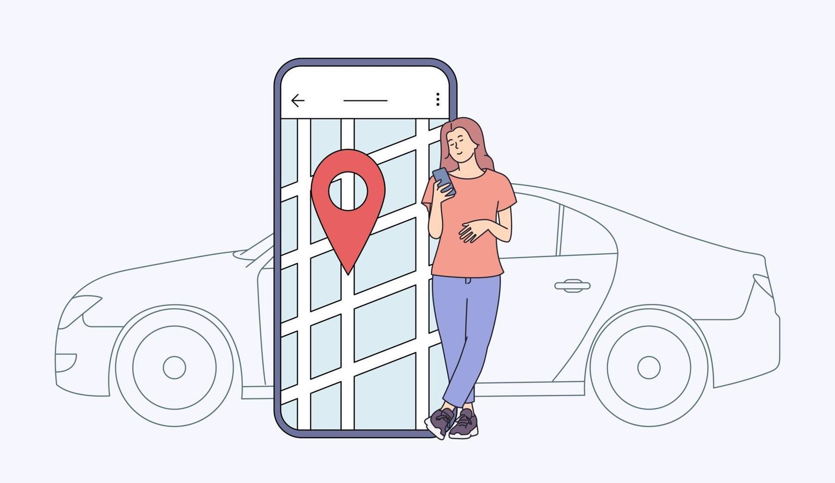 Car sharing and online application concept. Young woman near smartphone screen with route and location point on a city map with car background. Flat vector illustration
