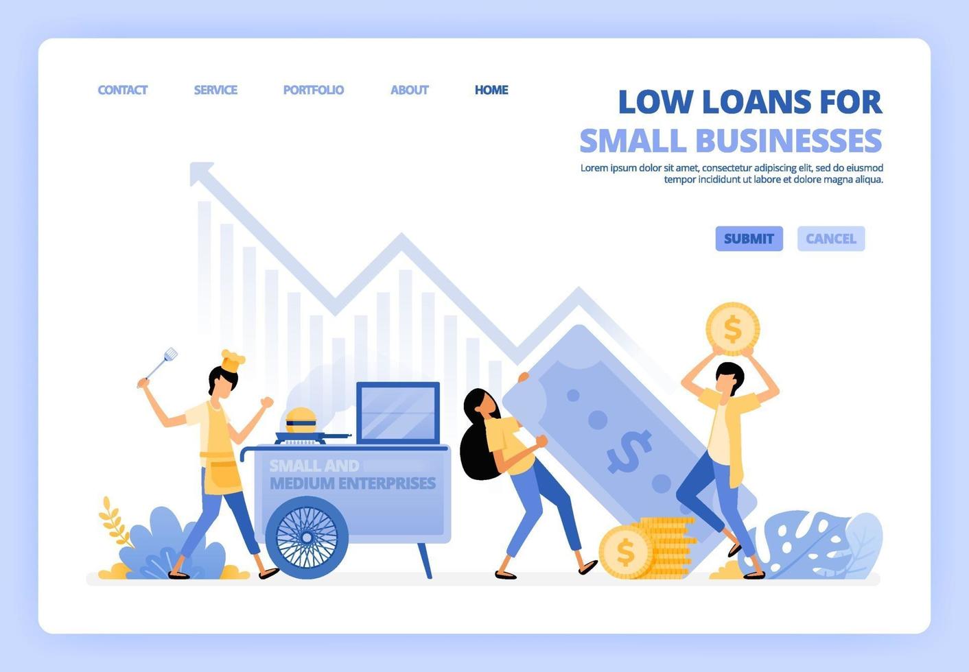 Low interest loans for startups, street vendors, small businesses. Debt funding help develop small companies. Can be used for landing page template ui ux web mobile app poster banner website flyer ads vector