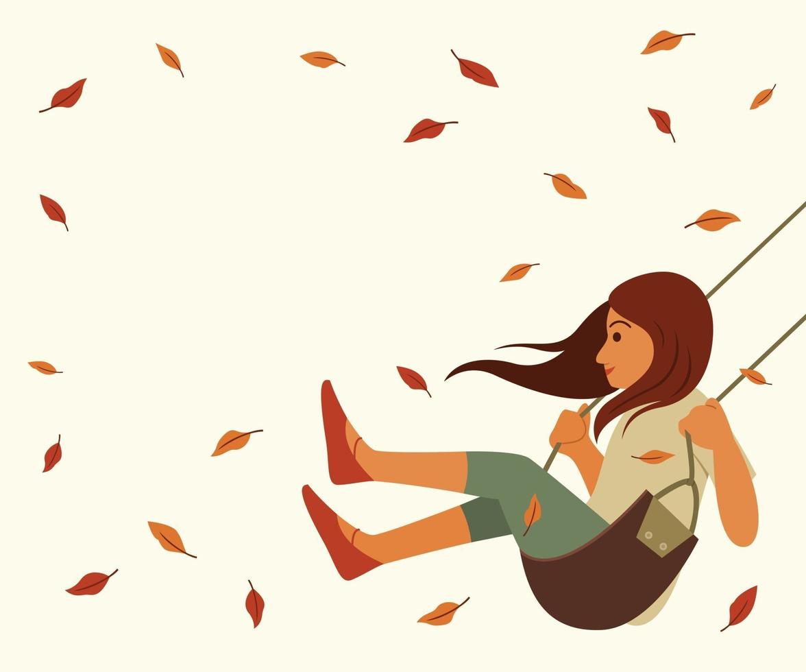 Girl Swinging and Dried Leaves Floating in the Wind vector