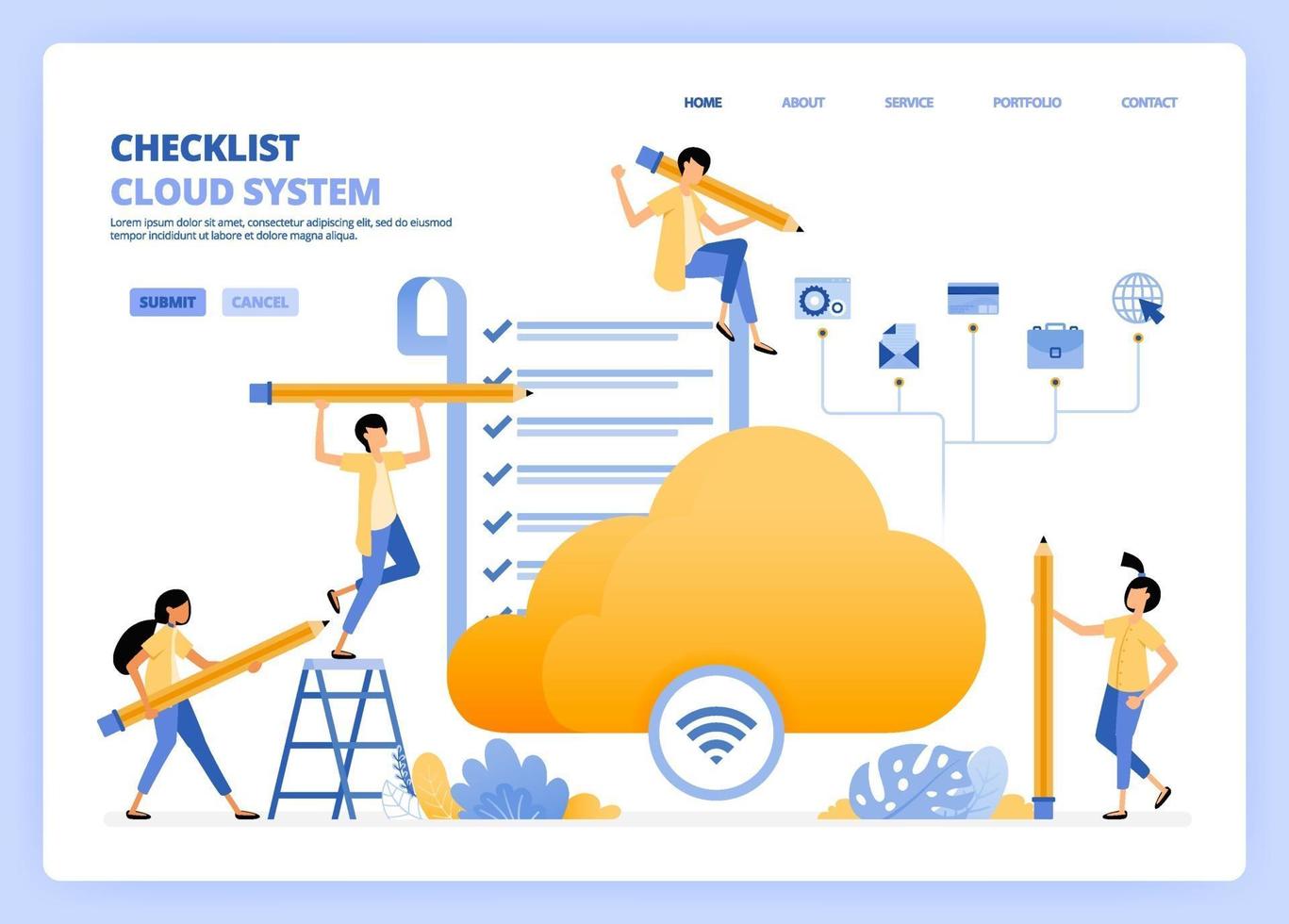 realizar comprobaciones de wifi y acceso a internet en la nube. comprobar los resultados de la encuesta de satisfacción sobre el servicio de hosting. se puede utilizar para la plantilla de página de destino ui ux web aplicación móvil cartel banner sitio web flyer anuncios vector