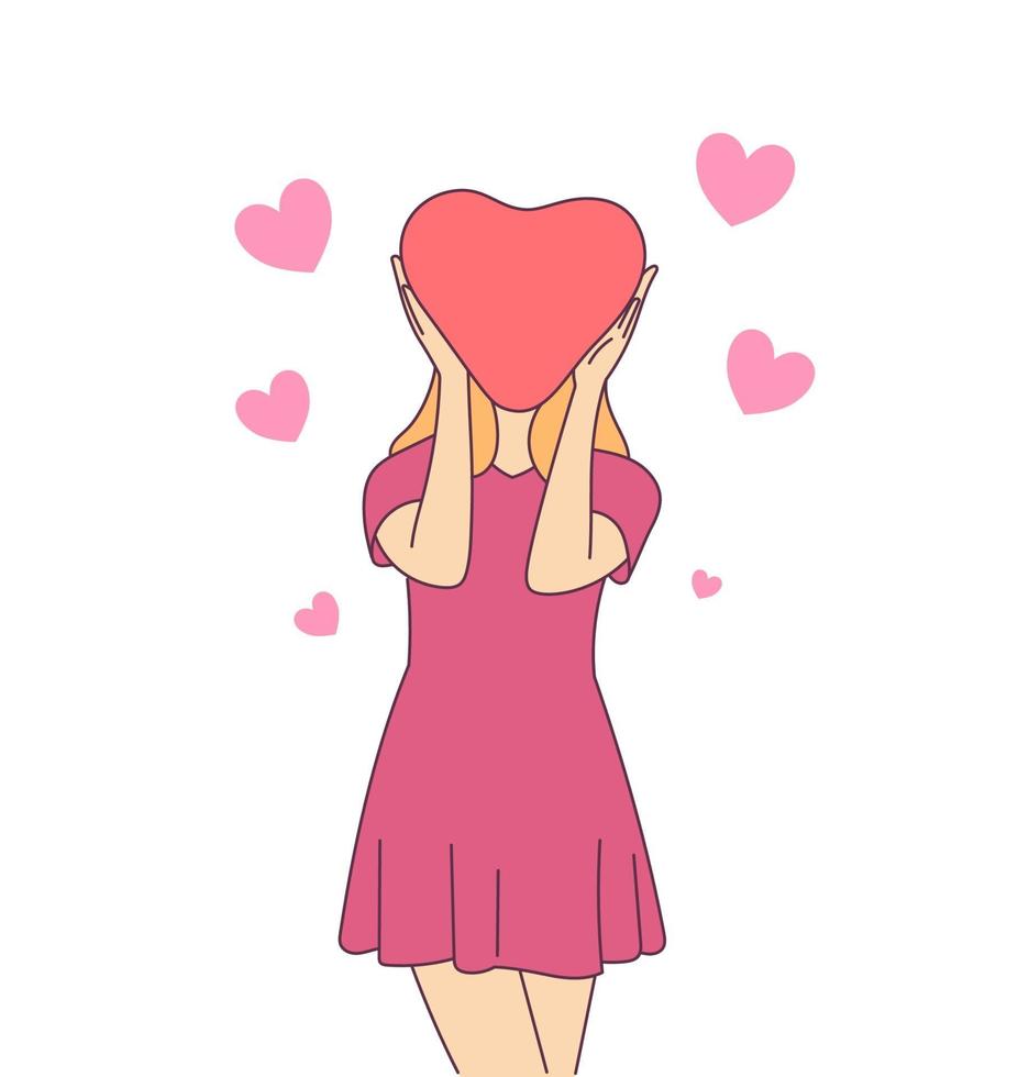 Love, valentines day concept. Romantic young woman girl with paper heart. Modern line style illustration vector