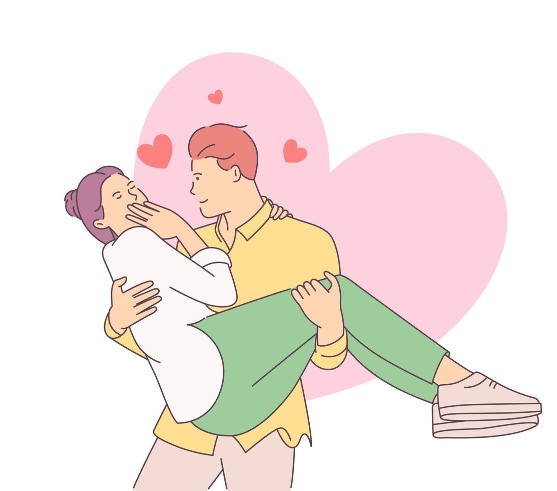 historia de amor o concepto de día de San Valentín. personaje de dibujos animados de hombre guapo con mujer hermosa en sus manos. ilustración de estilo de línea moderna vector