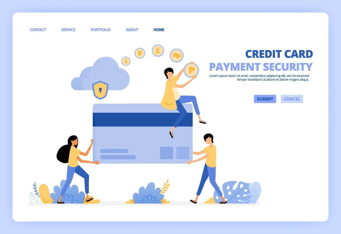 People holding giant plastic credit cards. Make transactions, purchases, transfer safely on cloud network. Can be usde for landing page template ui ux web mobile app poster banner website flyer ads vector