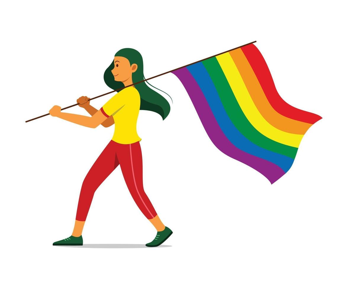 mujer sosteniendo una bandera del arco iris para el movimiento lgbt vector