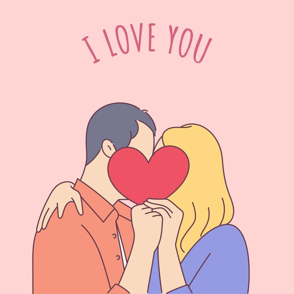 concepto de estilo de vida sobre el tema del día de San Valentín. pareja besándose y cubriendo caras con corazón de papel. ilustración vectorial romántica sobre el tema de la historia de amor. vector