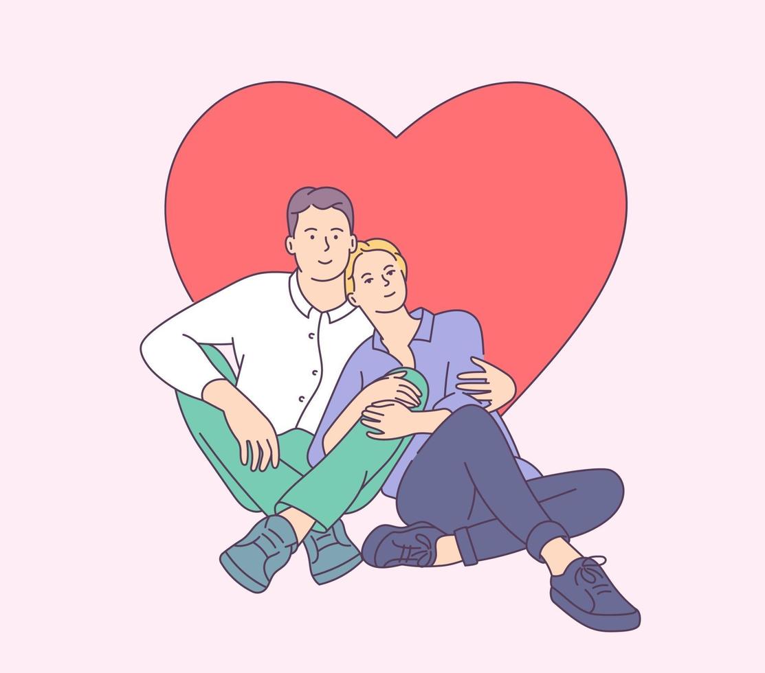 Lifestyle concept on Valentine's Day theme. Happy smiling young couple hugging on Valentine's Day. Flat vector illustration