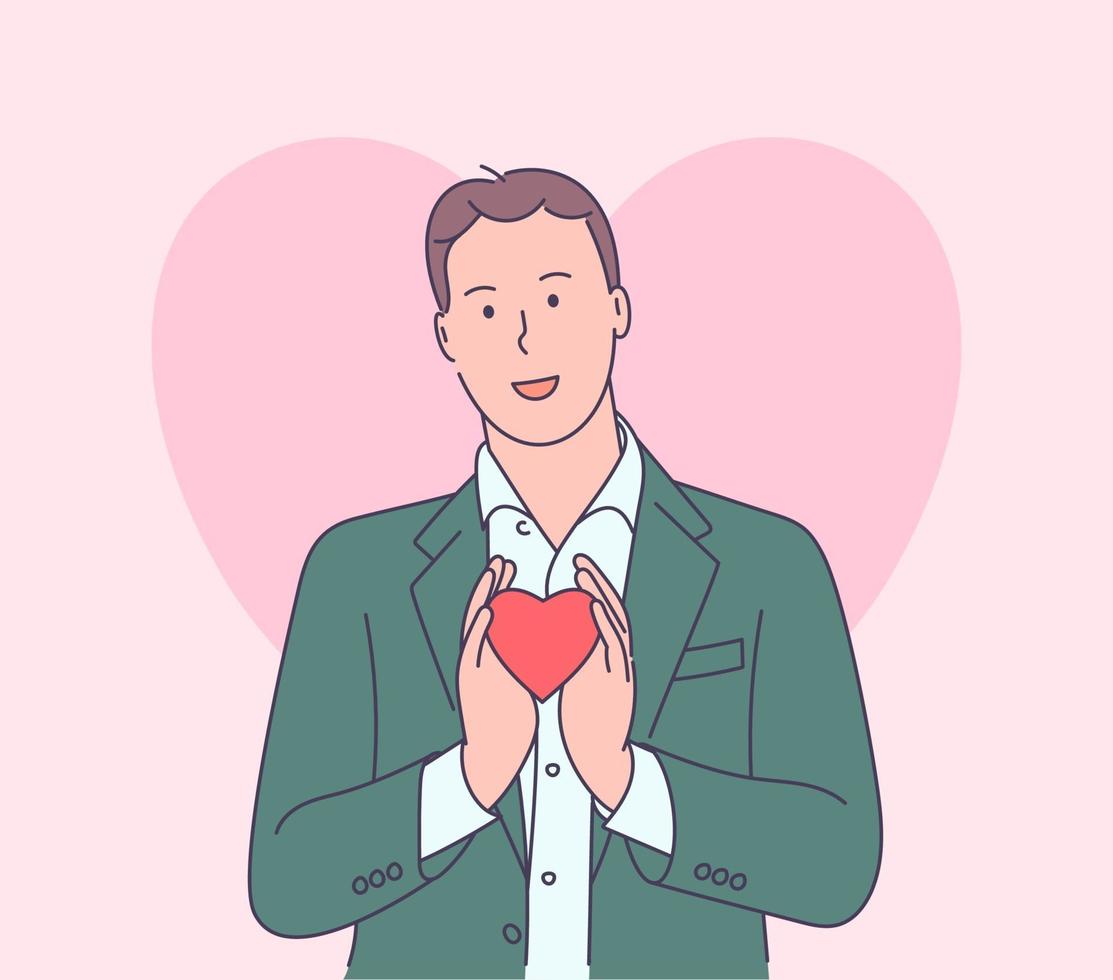 Love story or Valentines day concept. Handsome funny happy man in jacket and white shirt holding red big heart shape. Modern line style illustration vector