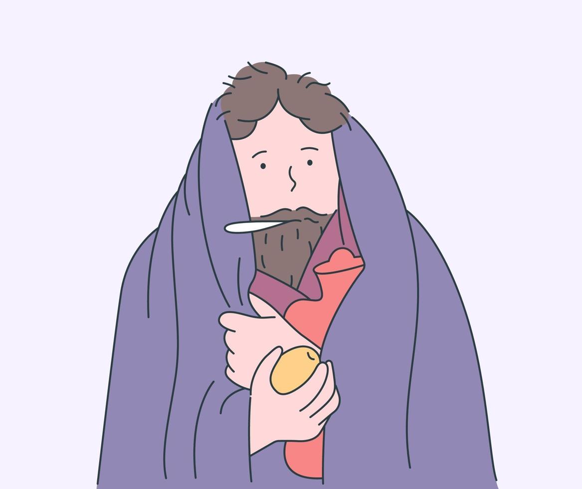 Health, care, disease, cold, medicine concept. Sick man in warm clothes with thermometer and holding lemon vector