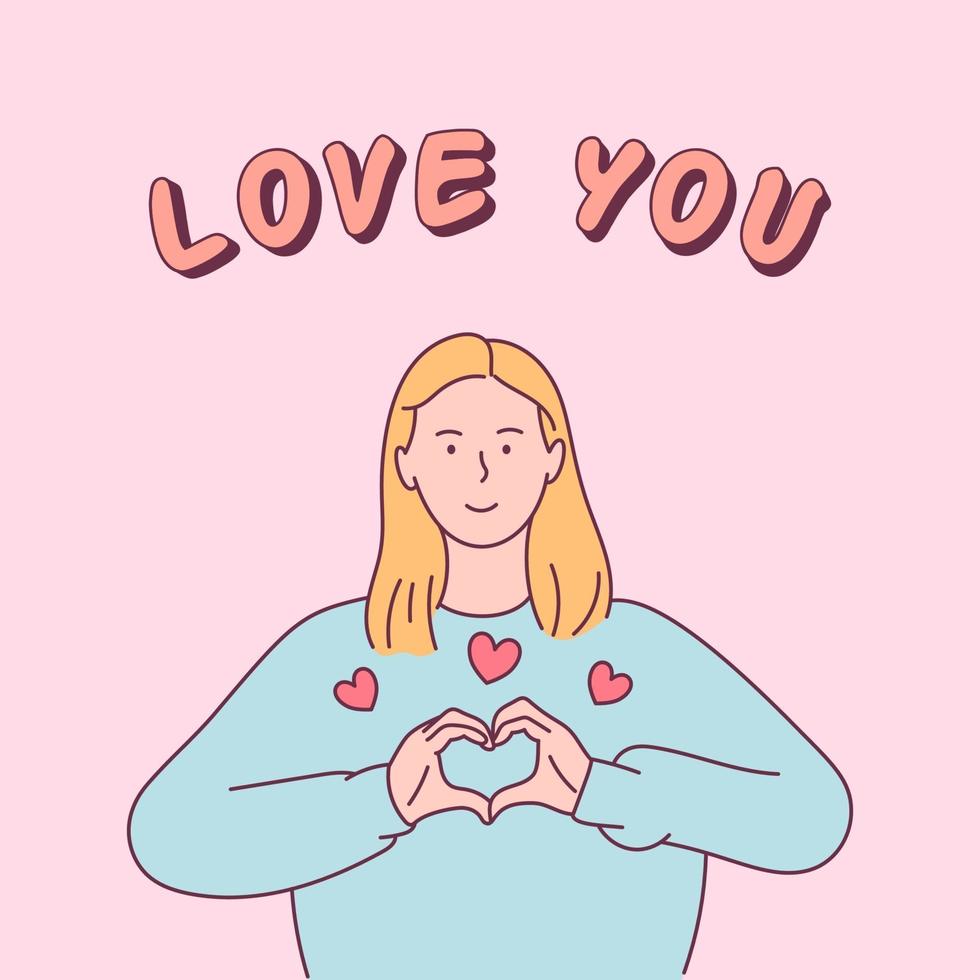 Happy Valentines day, love concept. Young woman shows a sign of the heart. Flat vector illustration