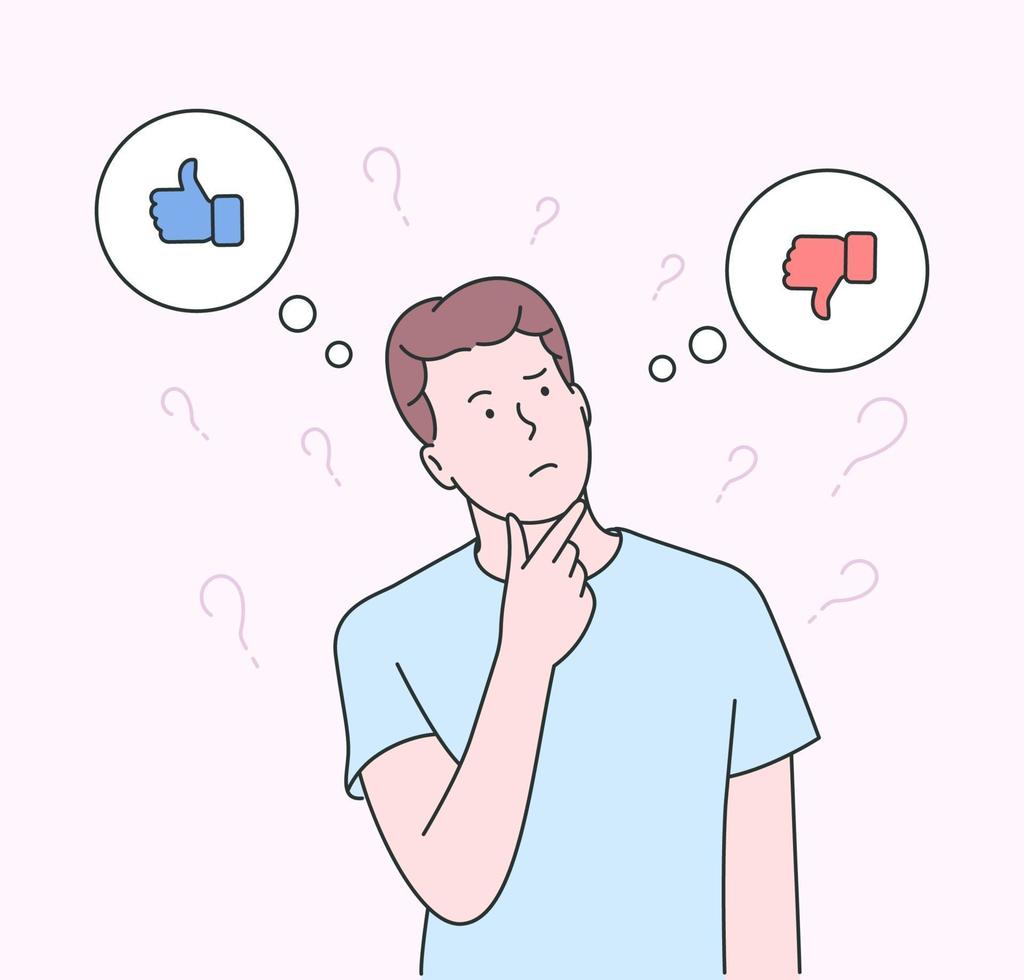 Choice, thinking, doubt, problem concept. Young man boy standing confusedly to choose yes or no. Flat vector illustration