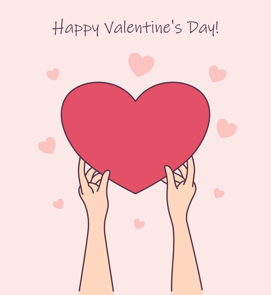 historia de amor o concepto de día de San Valentín. manos de mujer sostienen una caja de regalo de corazón rojo. ilustración de estilo de línea moderna vector