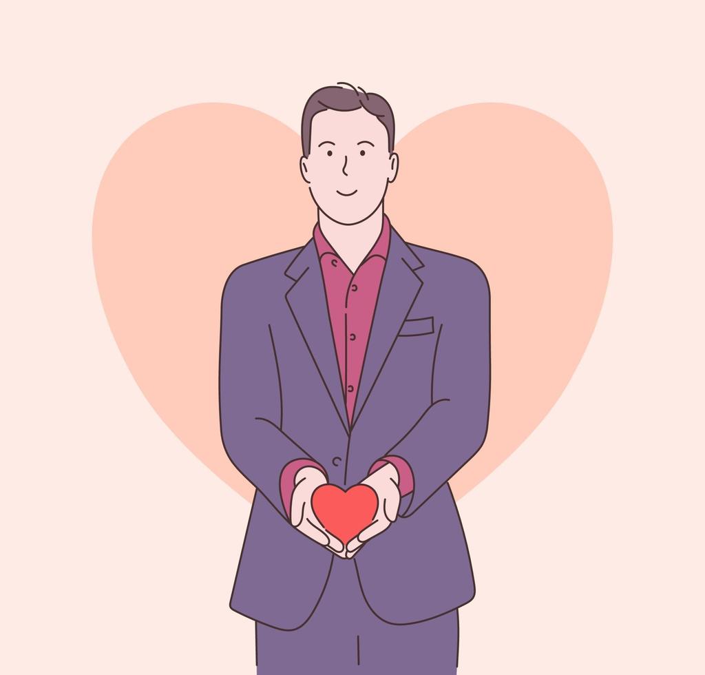 Love story or Valentines day concept. Handsome funny happy man in jacket and red shirt holding red big heart shape. Modern line style illustration vector