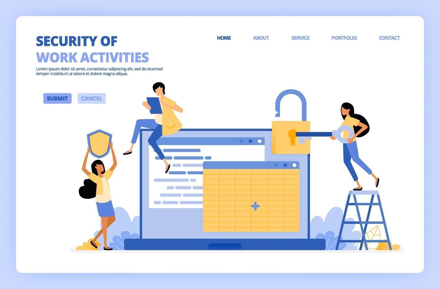 People secure job data on spreadsheets. Woman holding key to open security padlock. Security system shield. Can be used for landing page template UI ux web mobile app poster banner website flyer ads vector