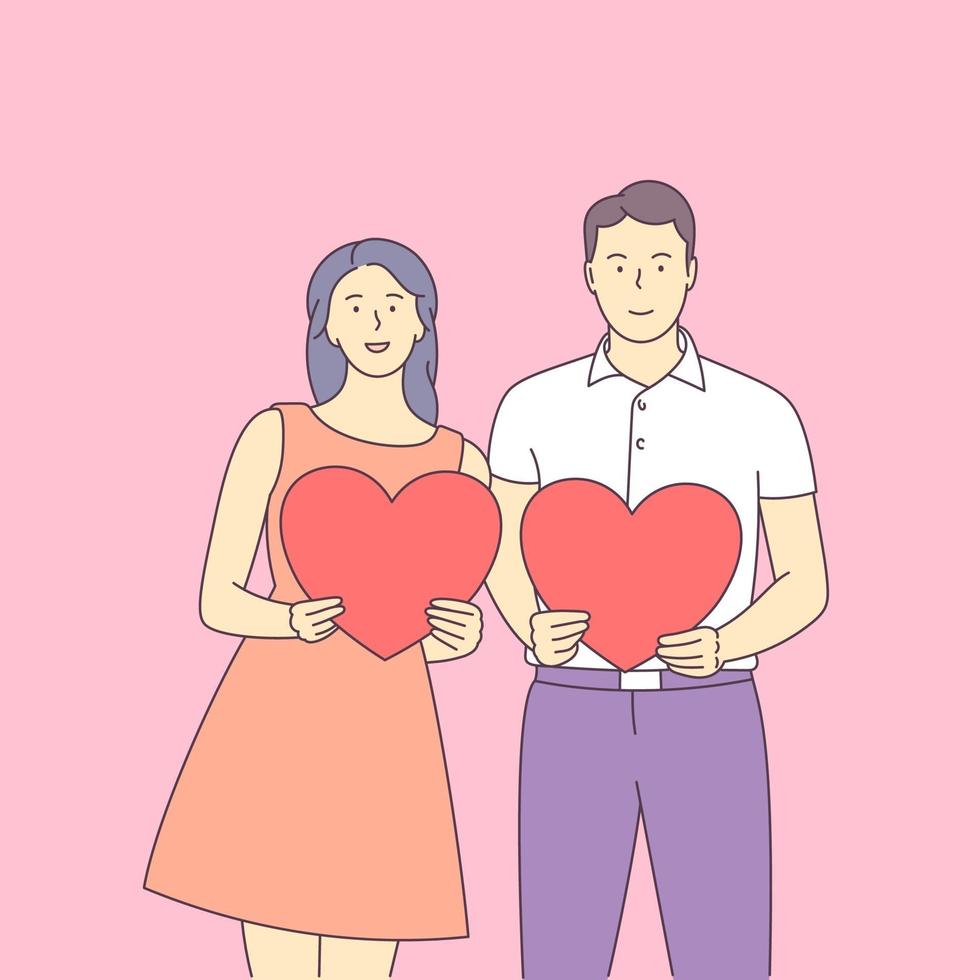 Valentines Day. Couple in love. A beautiful young couple with big red hearts. Flat vector illustration