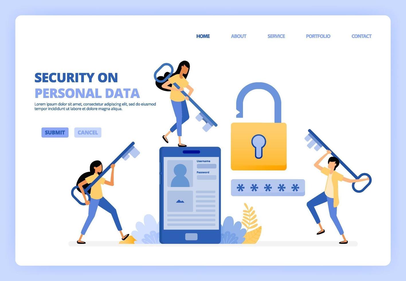 Maintain personal data security on mobile apps services. Developing protection technology, password, systems. Can be used for landing page template ui ux web mobile app poster banner website flyer ads vector