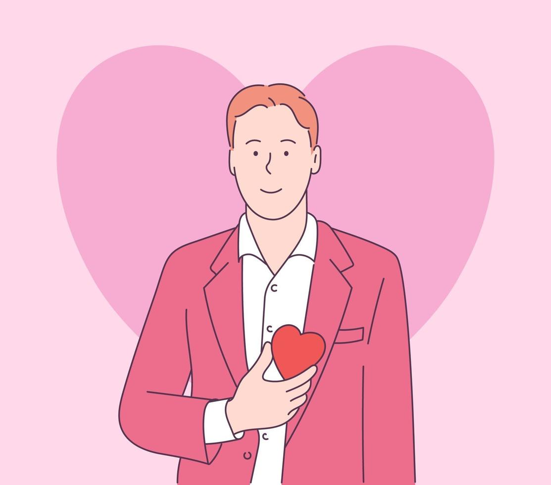 Love story or Valentines day concept. Handsome funny happy man in jacket and white shirt holding red big heart shape. Modern line style illustration vector
