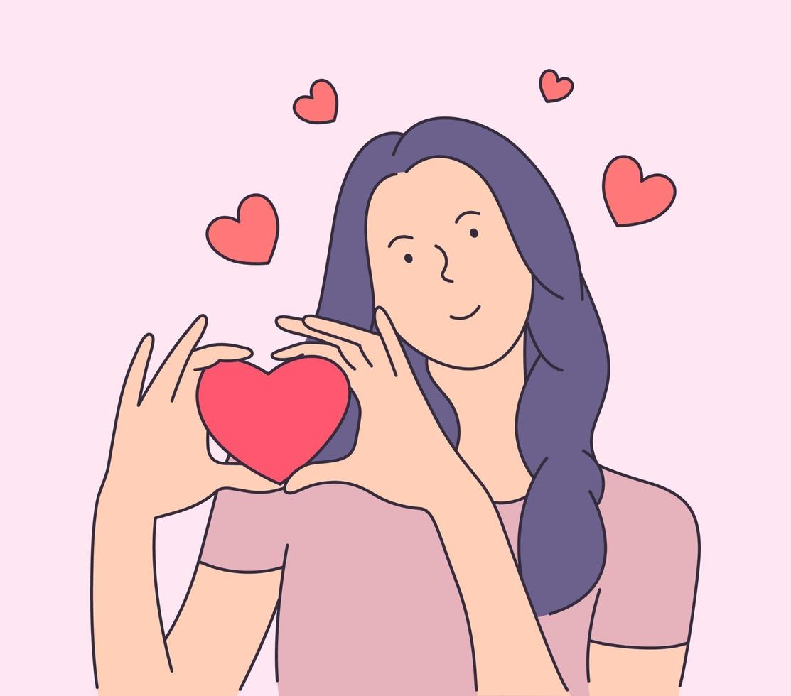 amor, citas, romance, relación, unión, concepto de pareja. mujer sonriente joven con gran corazón rojo. ilustración de estilo de línea moderna vector