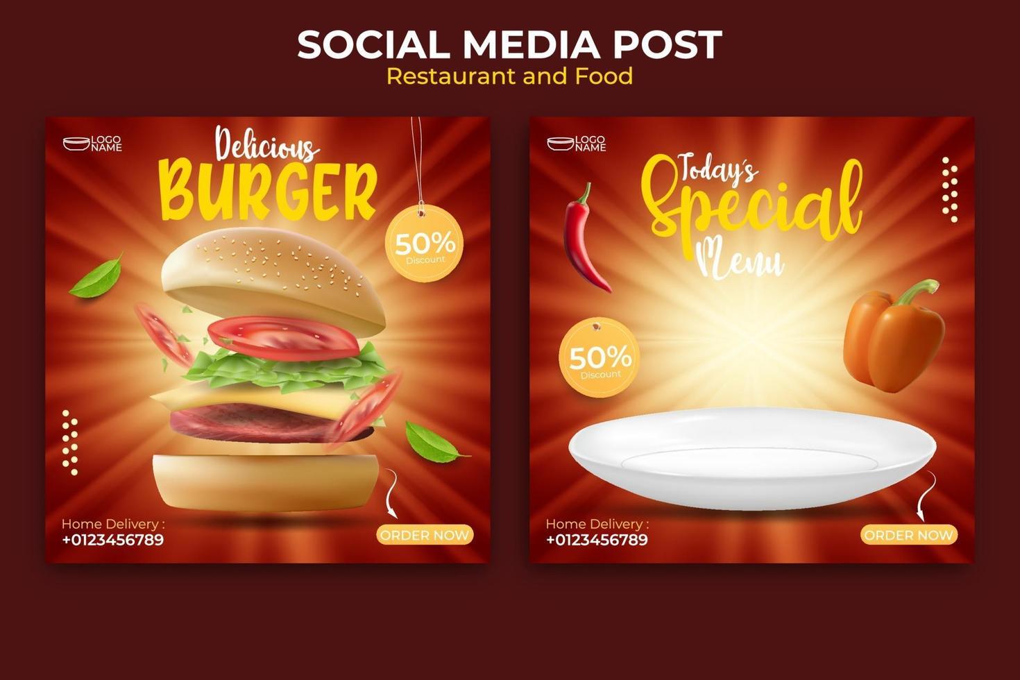 diseño de anuncios de banner de comida o gastronomía. plantilla de publicación de redes sociales editable. vector de ilustración con hamburguesa realista.