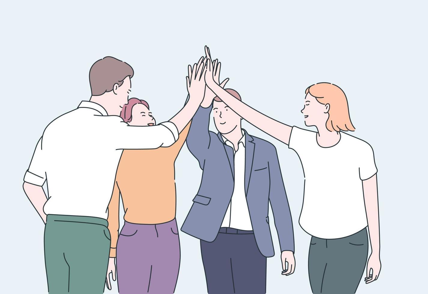 Teamwork and team building concept. Young business people office workers partners standing and giving hands after successful negotiations. Flat vector illustration