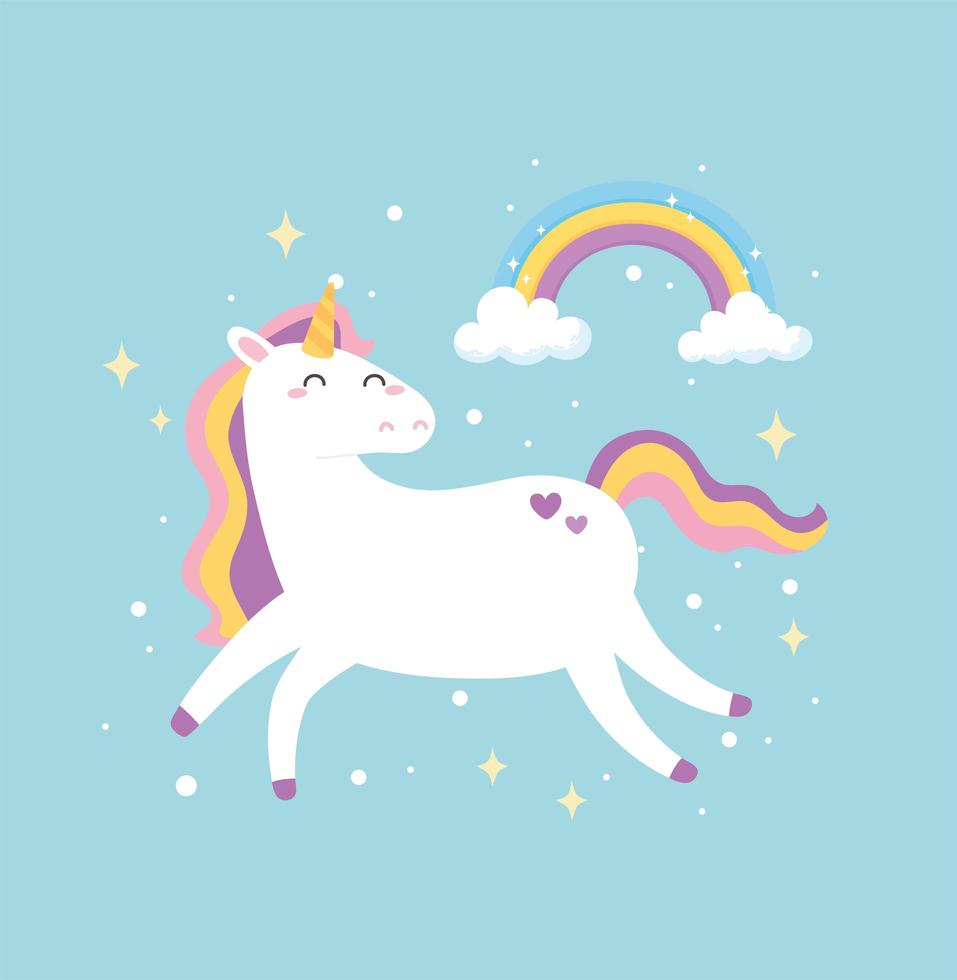 unicornio mágico de dibujos animados lindo con arco iris vector