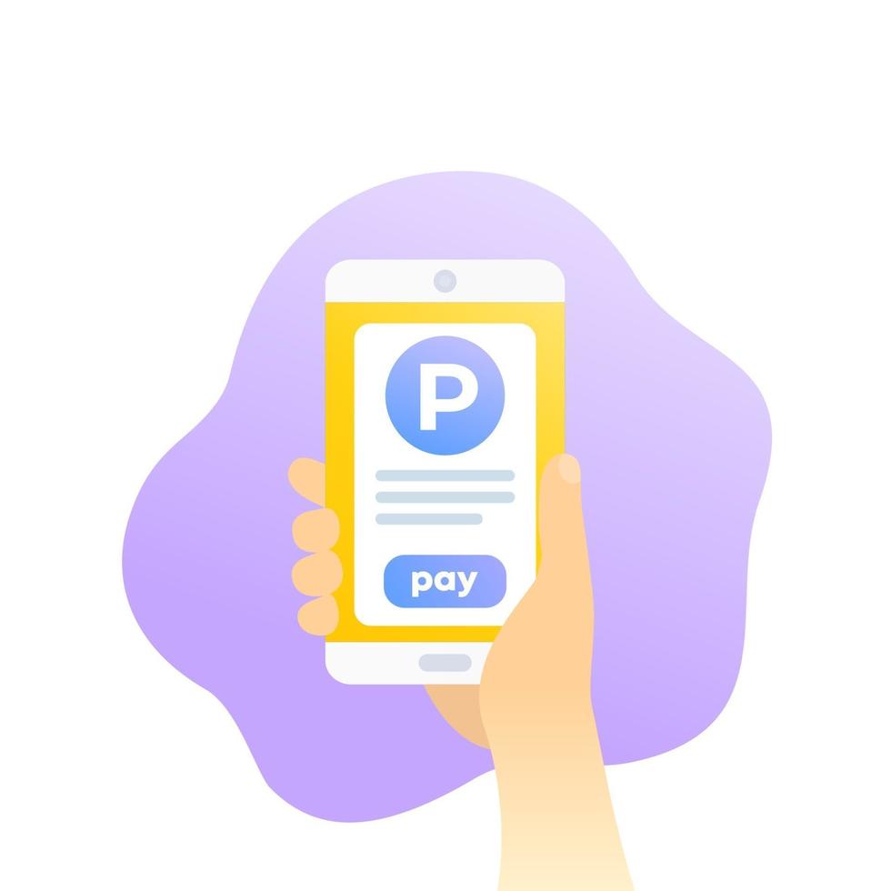 Pago de estacionamiento con aplicación móvil, teléfono en mano, vector icon.eps