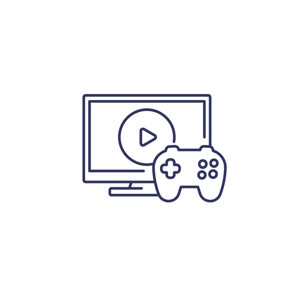 Icono de videojuegos con gamepad y tv, line.eps vector