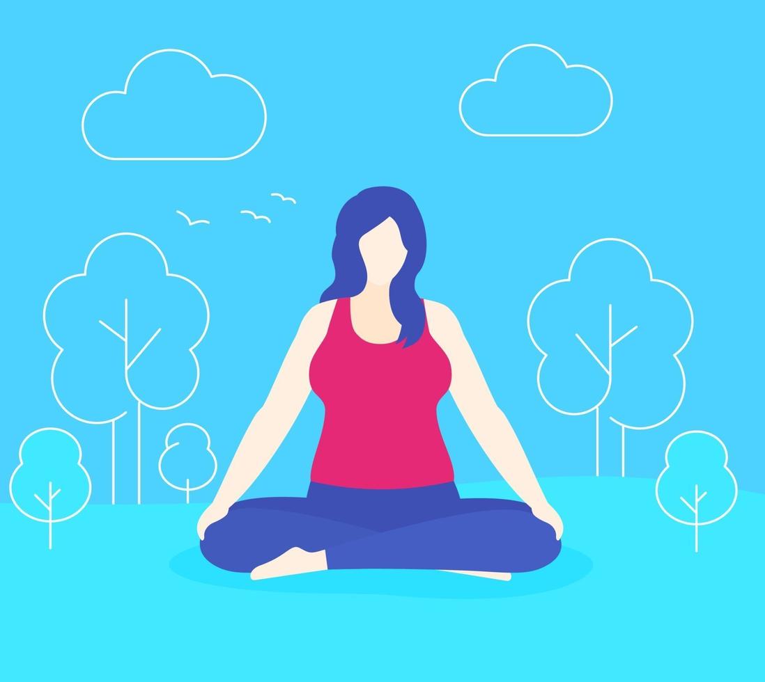 yoga, plus size woman meditates in park, vector.eps vector