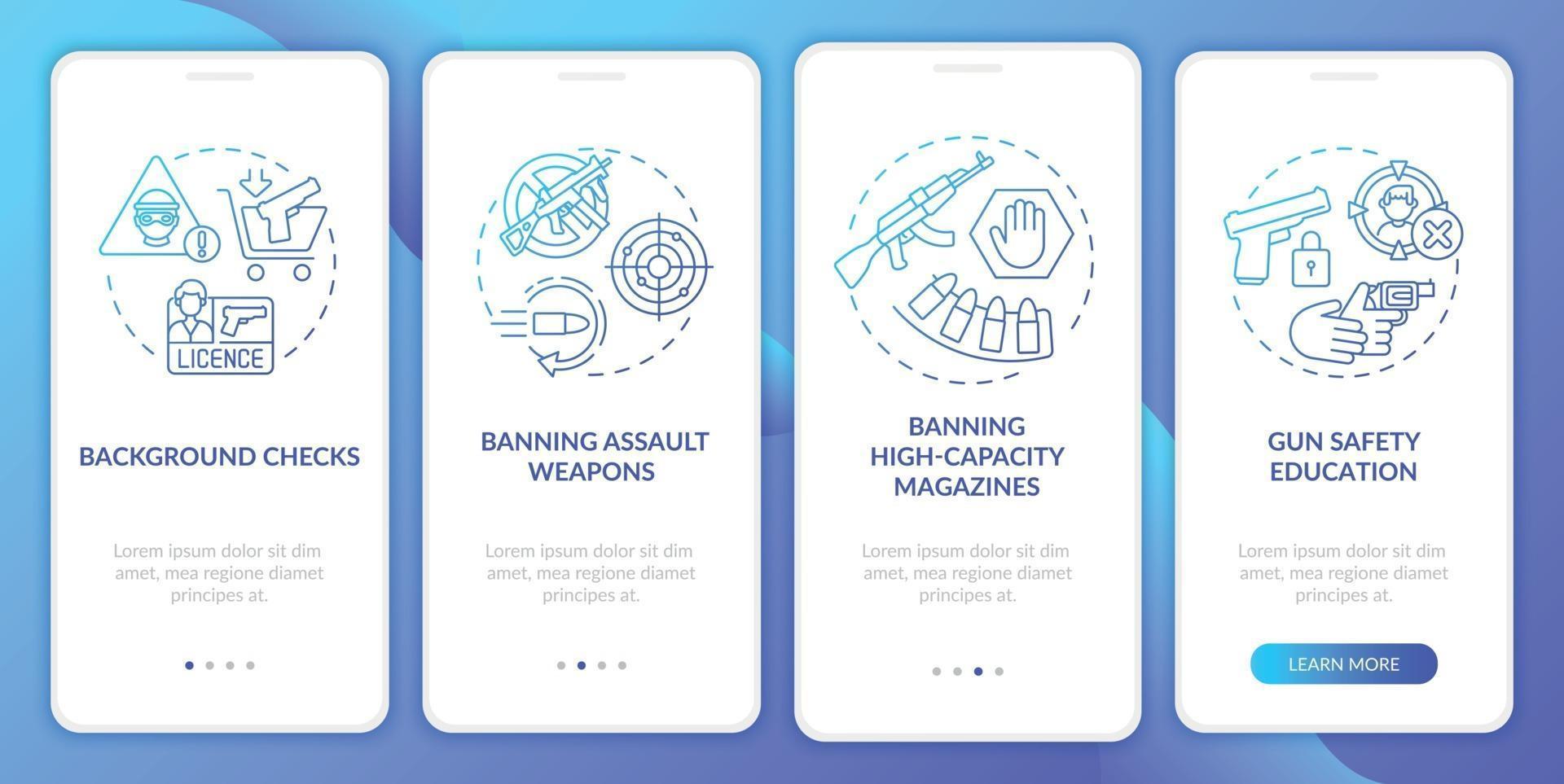 Gun safety guidelines dark blue onboarding mobile app page screen with concepts vector