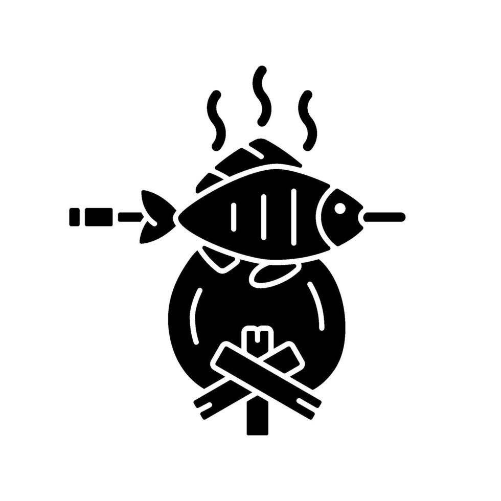 Cooking freshly caught fish black glyph icon vector
