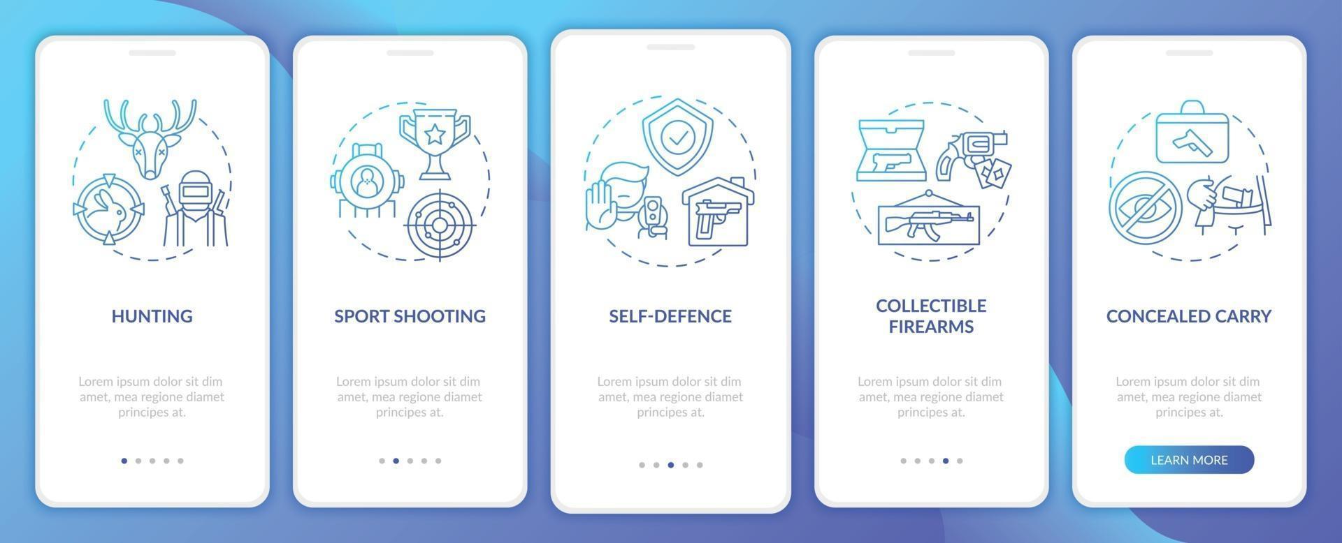 Guns for hobby dark blue onboarding mobile app page screen with concepts vector