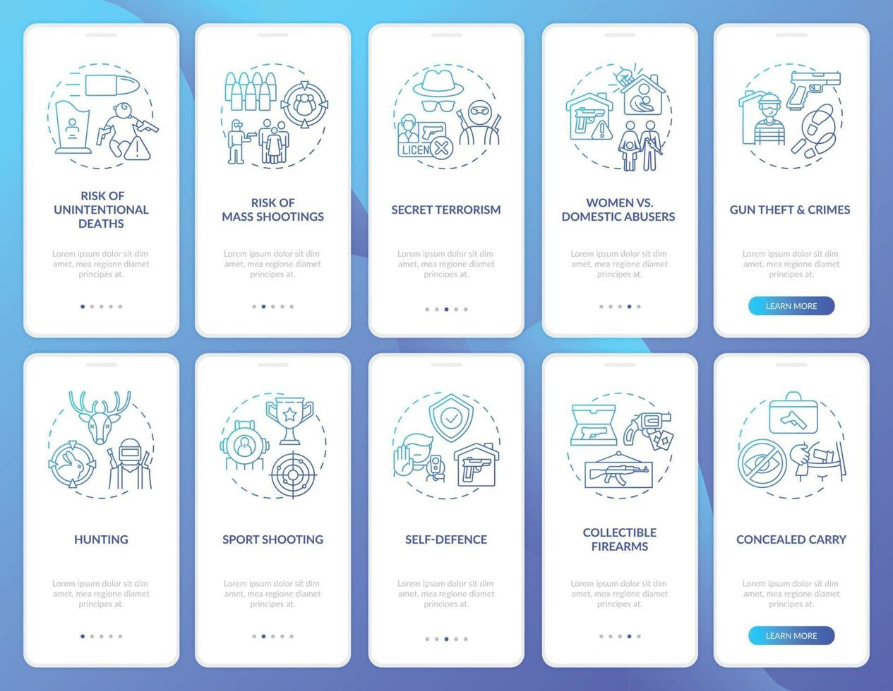 Gun control dark blue onboarding mobile app page screen with concepts vector