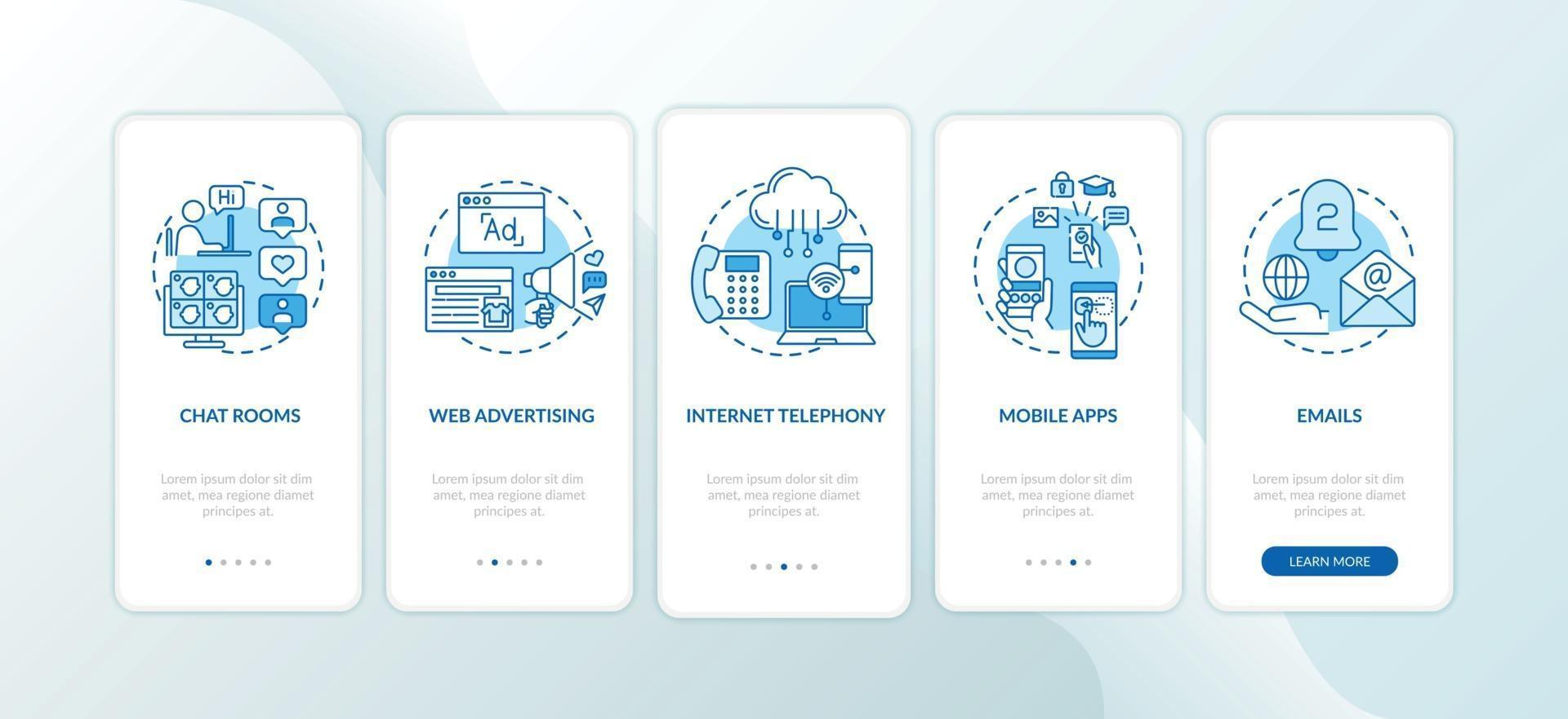 New media kinds onboarding mobile app page screen with concepts vector