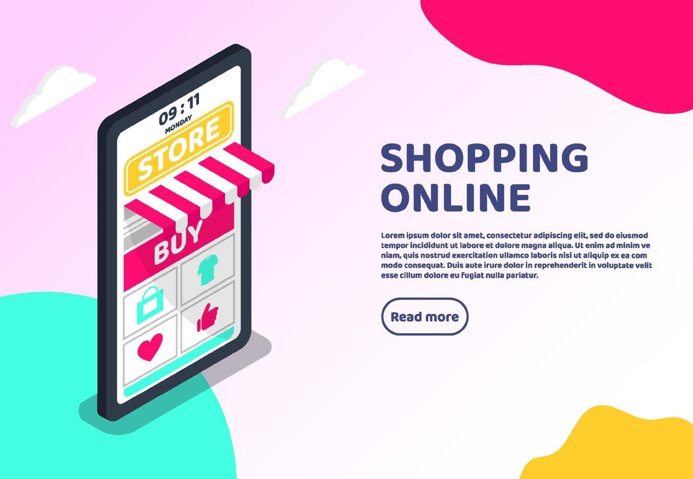 Shopping Online isometric web concept. Big smartphone digital marketing and e-commerce with Huge bill. Supermarket in device online store. Vector illustration