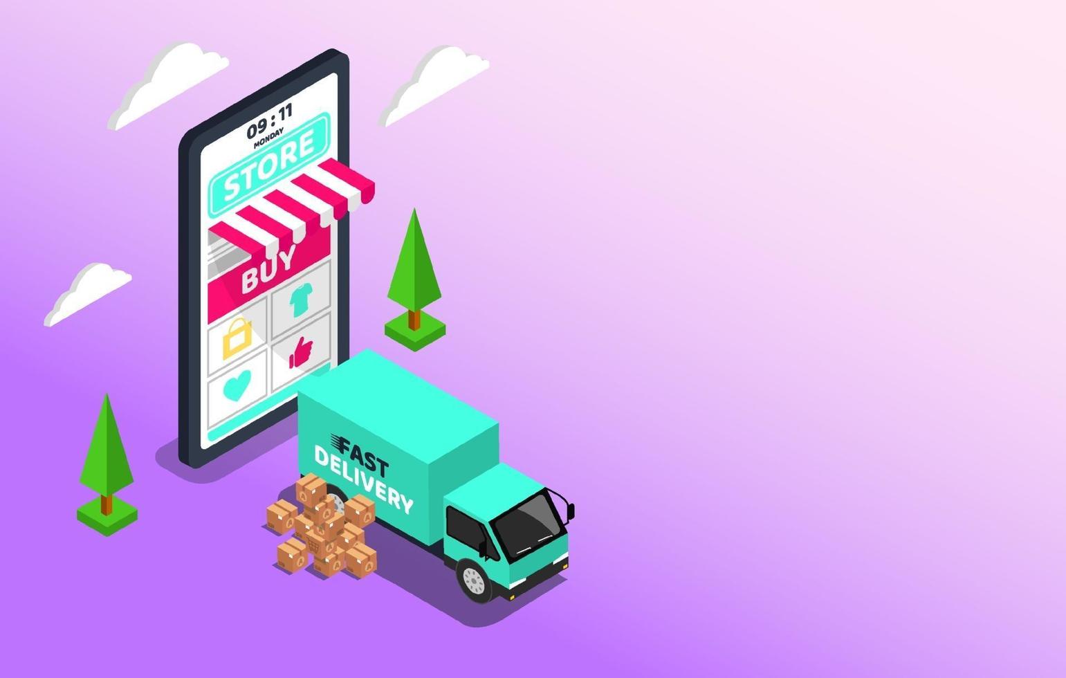 Shopping Online with Delivery service. Big smartphone digital marketing and e-commerce with Huge bill concept. Supermarket in device online store. Vector illustration