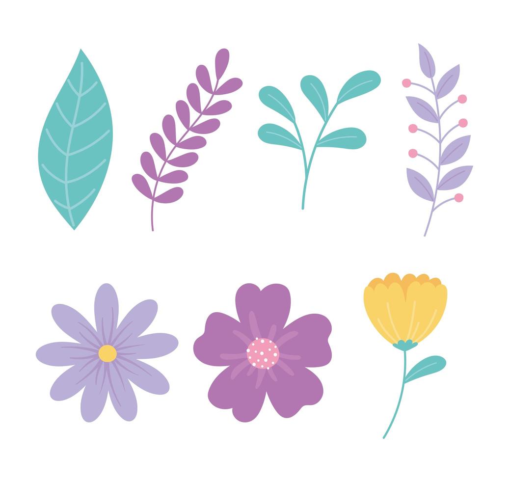 lindas flores y conjunto de ramas vector