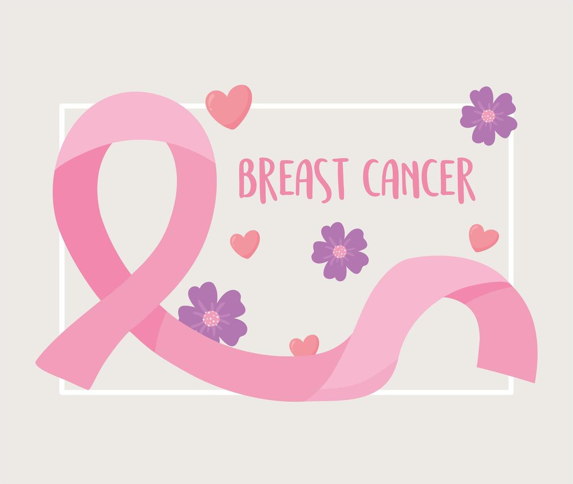 Banner de concientización sobre el cáncer de mama con cinta rosa y flores vector