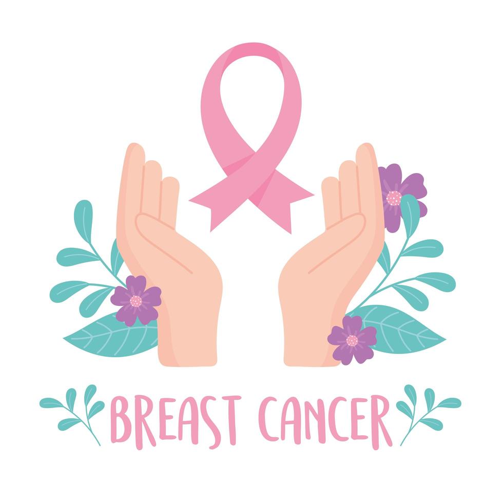 Banner de concientización sobre el cáncer de mama con cinta rosa y manos vector