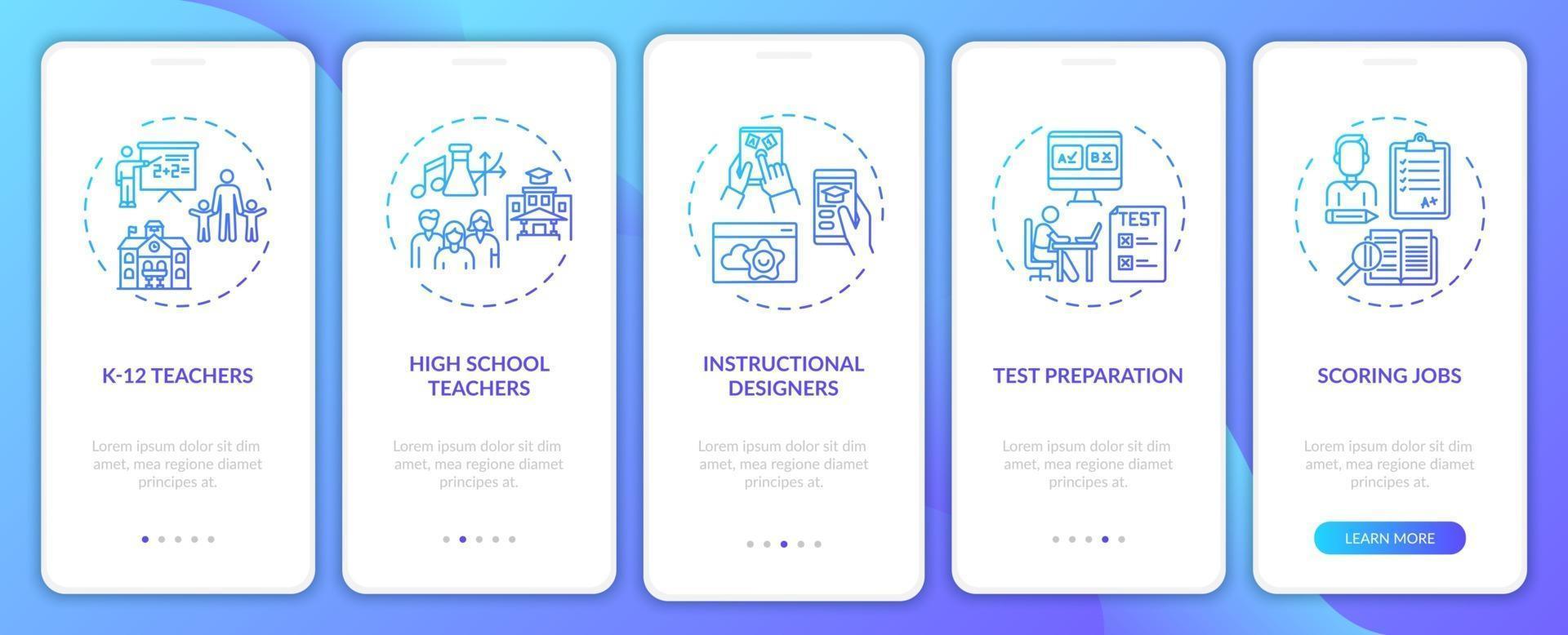 Online teaching jobs types onboarding mobile app page screen with concepts vector