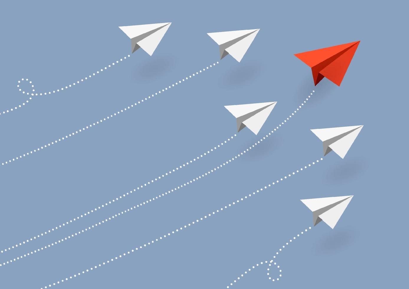 Business concept. Red paper airplane flying changing direction on blue sky of business teamwork and one different vision. Leader, New idea, boss, manager, winner concept, trend. Vector illustration