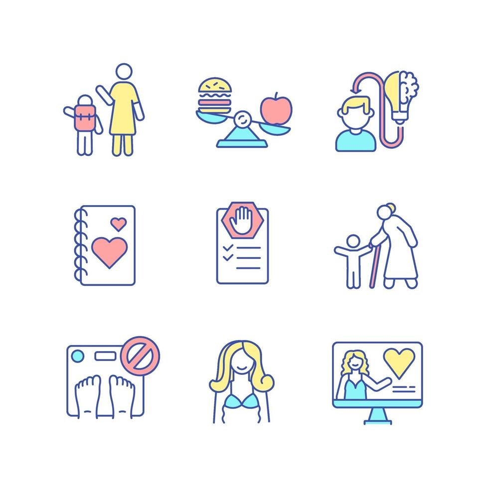 Self care practice RGB color icons set vector