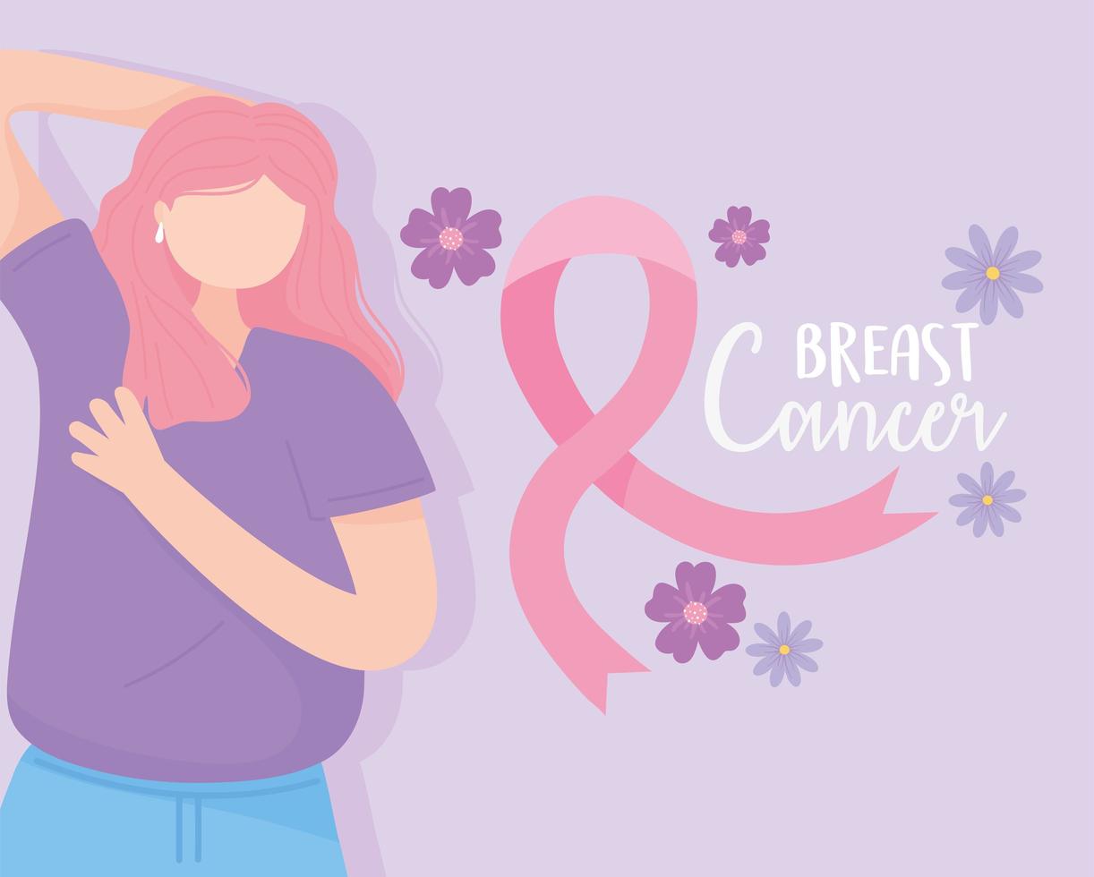 Banner de concientización sobre el cáncer de mama con mujer haciendo un autoexamen vector