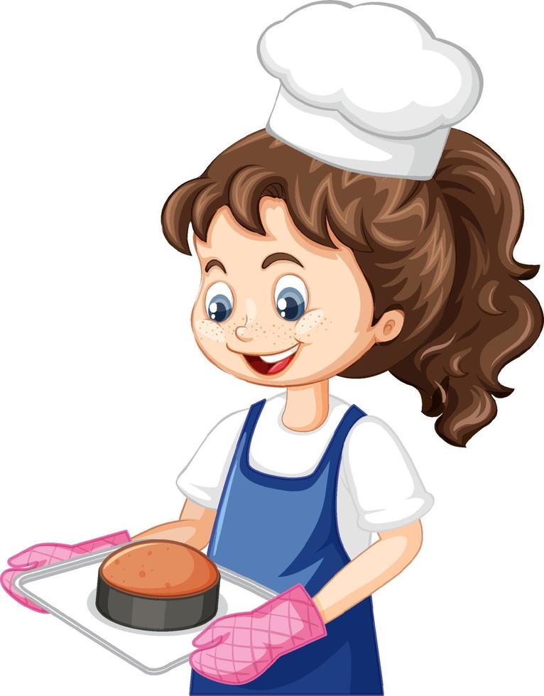 Chef girl wearing chef hat holding baking tray vector