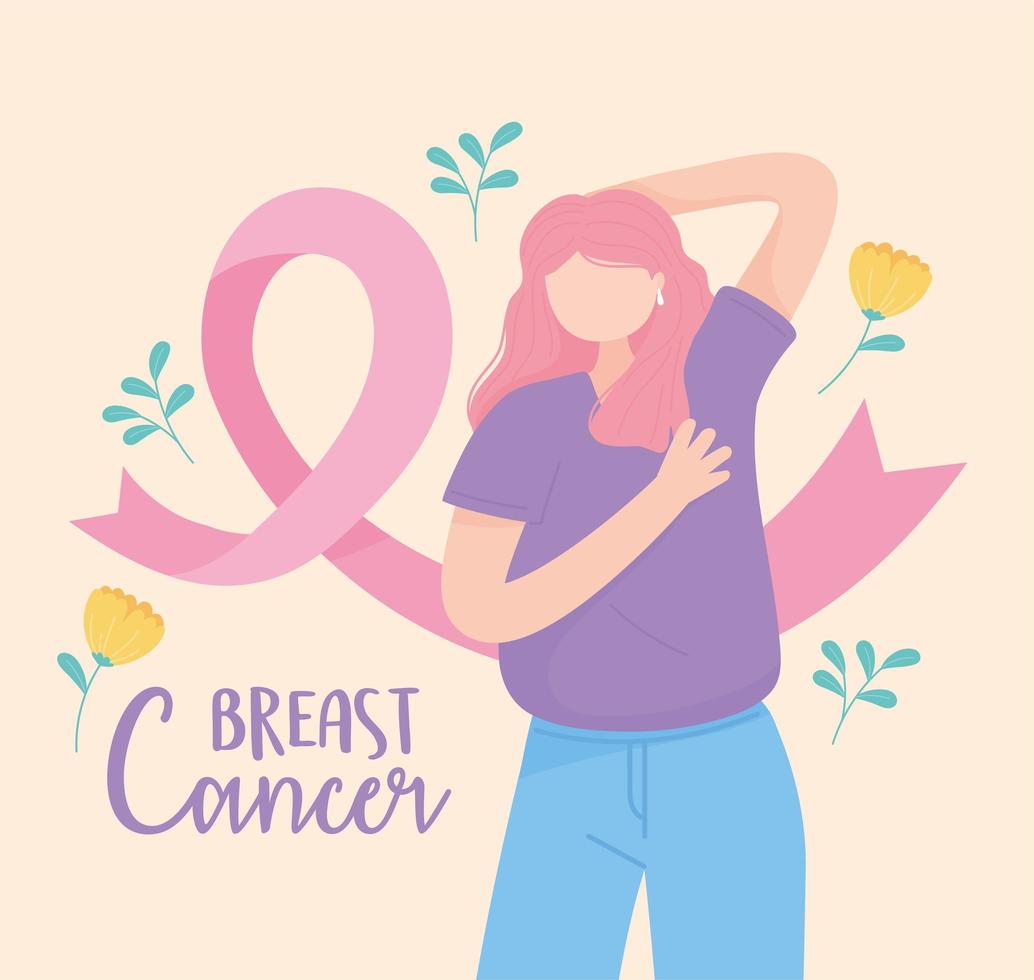 Breast cancer awareness banner with woman doing a self examination vector