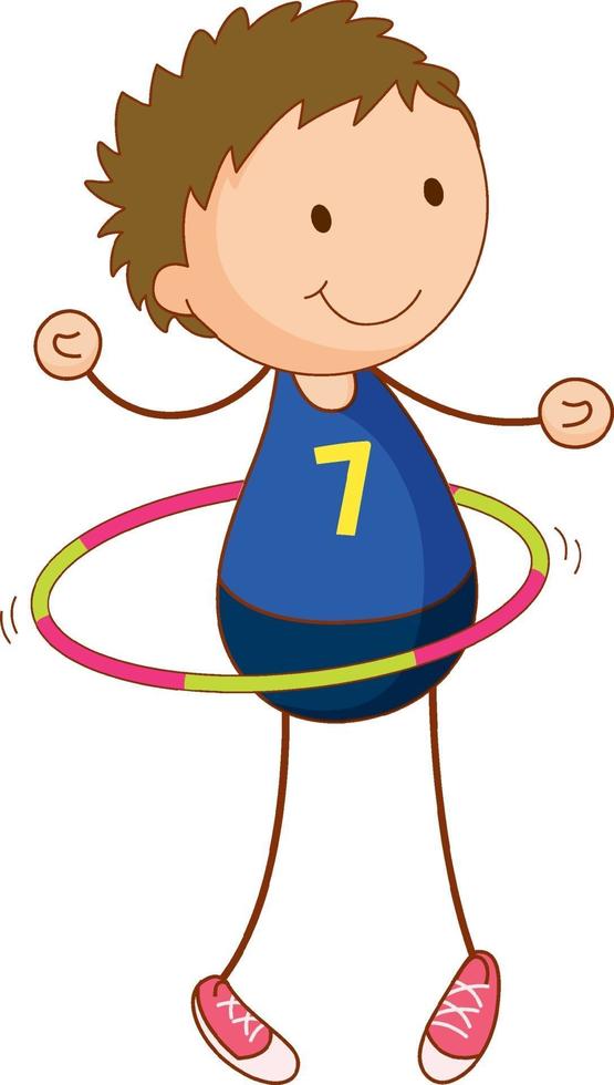 Chico lindo jugando personaje de dibujos animados de hula hoop en estilo doodle dibujado a mano aislado vector