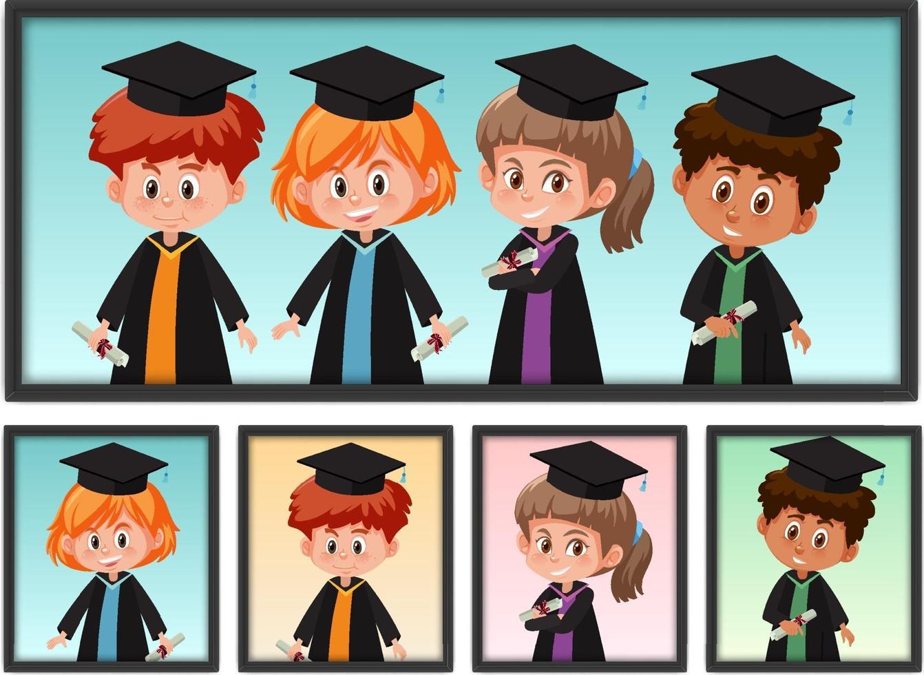 conjunto de muchos niños en traje de graduación en marco de fotos vector